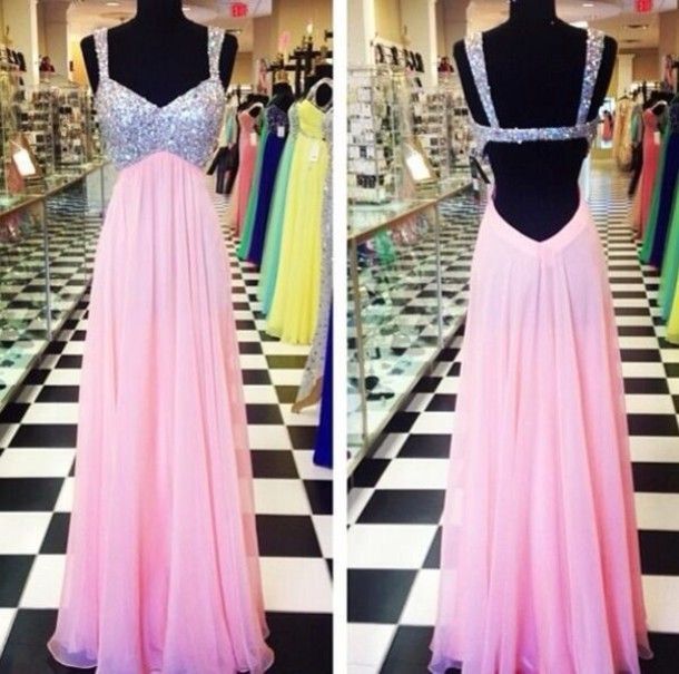 Empire Waist Open Back Pink Chiffon Long Prom Dresses Off The Shoulder