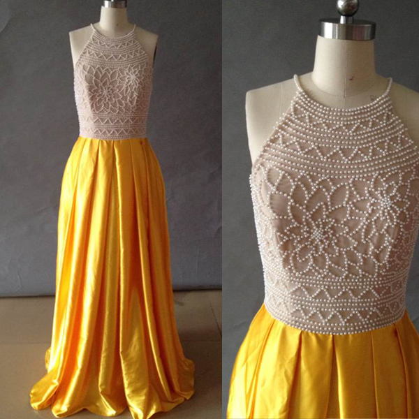 Stylish High Neck Pearls Long Prom Dress 2015,Yellow Shiny Satin Prom