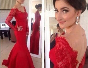 New Arrival Red Lace Long Sleeves Mermaid Prom Dress, V-neck Backless